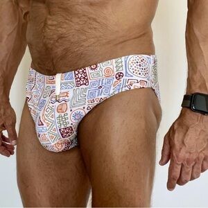 Men's Swim Brief - Multicolor Mudcloth design, medium, drawstring, fully lined